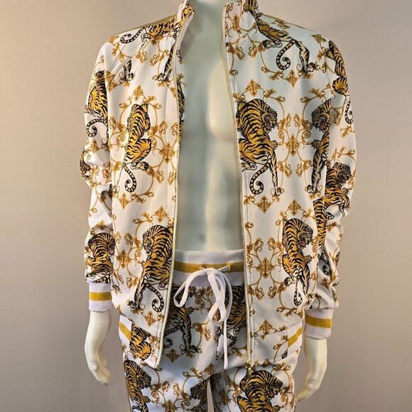 Tiger Print Track Suit Set G -Style USA Mens Sz M Animal Print Gold Accents - Picture 1 of 11